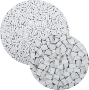 Two sets of porcelain media featuring cylindrical and triangular shapes for vibratory finishing