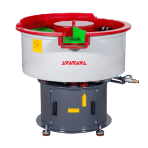 Front view of the VRX 225 vibratory finishing machine showing the machine’s control panel and processing bowl.