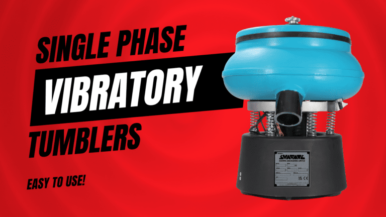 Single Phase VA range tumblers displayed in workshop setting, highlighting compact design and surface finishing capability