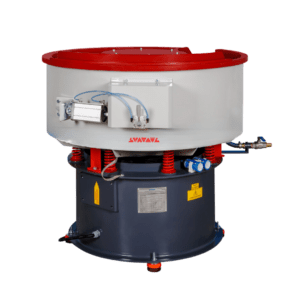 Side view of VRX 225 vibratory bowl machine featuring pneumatic lever for controlling the unloading ramp.