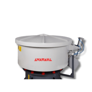 VRX vibratory finishing machine with pneumatic noise cover lowered