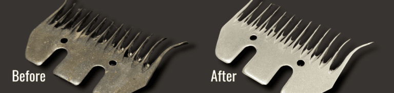 Before and after image of steel shears, left heat-treated dark surface, right super-finished polished surface