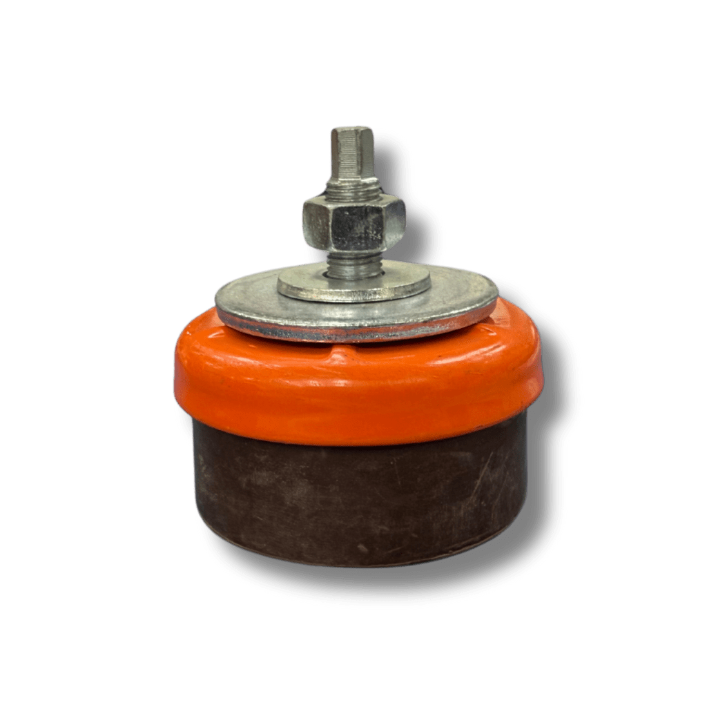 Orange anti-vibration feet for surface finishing equipment, designed to reduce noise and vibration for stable operation.