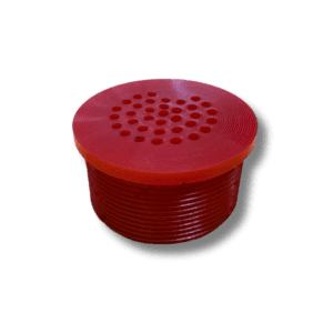 Red polyurethane bung, used for sealing and securing vibratory and rotary finishing equipment with durable, leak-resistant material.