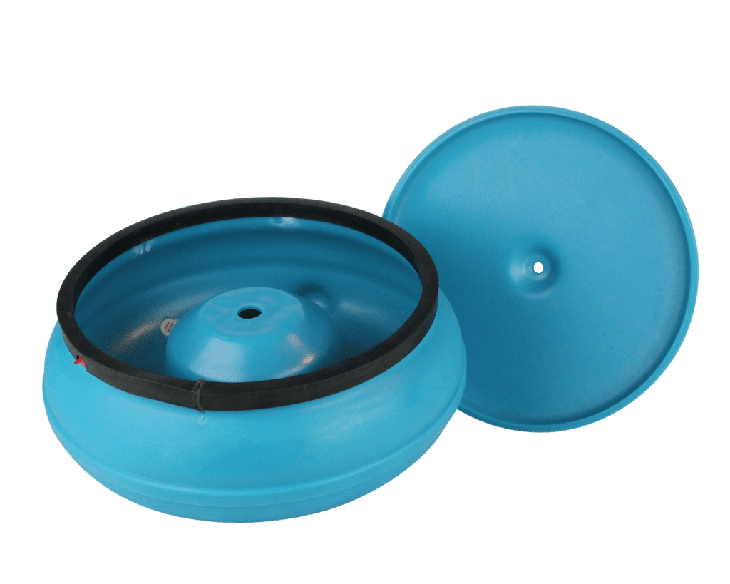 VA75 vibratory finishing machine bowl with lid removed, showing the interior of the bowl.