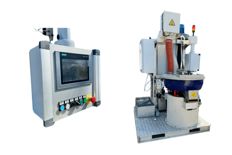 Automatic all-in-one vibratory finishing machine equipped with an integrated control panel for efficient surface finishing operations.
