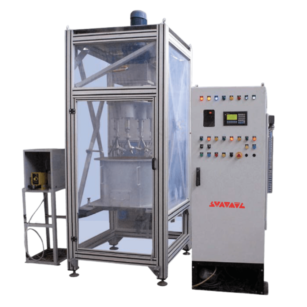 Side view of drag finishing machine with free-standing control panel for operational control.