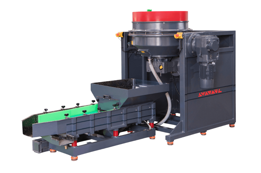 SM50 centrifugal finishing machine equipped with an attached vibratory sieve separation system for efficient media sorting.