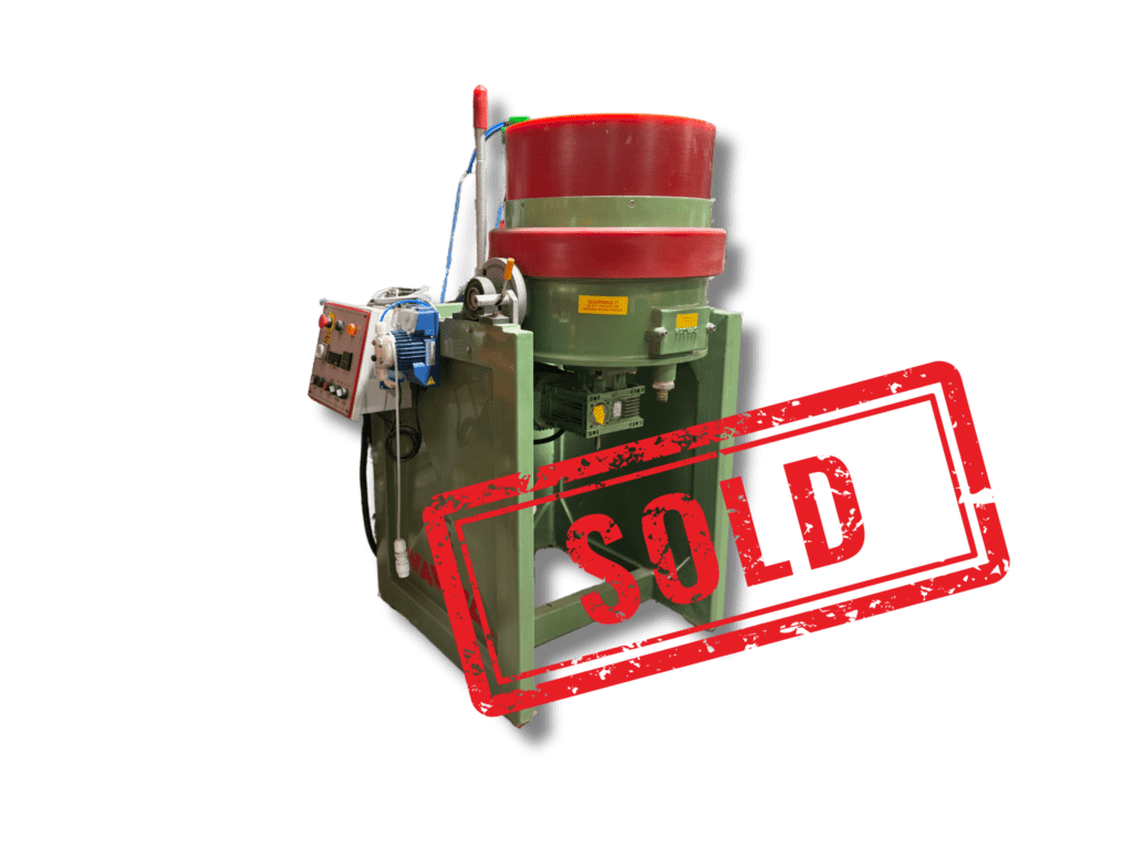 Front view of used SM50 50L centrifugal finishing machine with side control panel and “Available Now” text