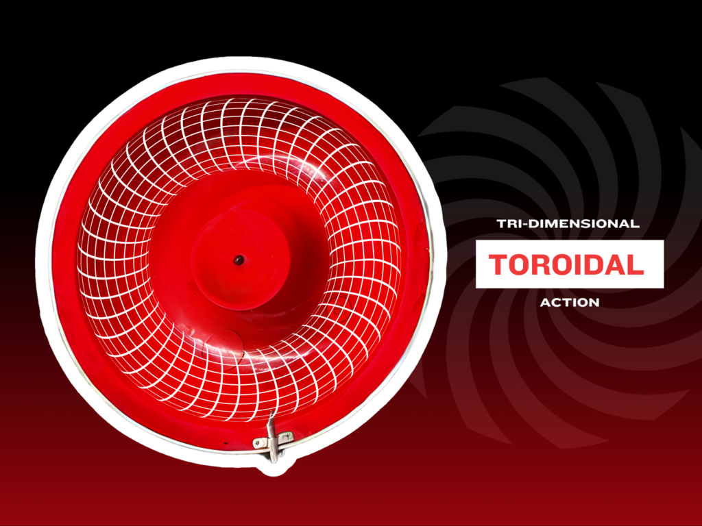 3D rendering of a glowing toroidal structure with dynamic energy flows and geometric patterns, illustrating tri-dimensional toroidal action in vibrant red, against a dark background.