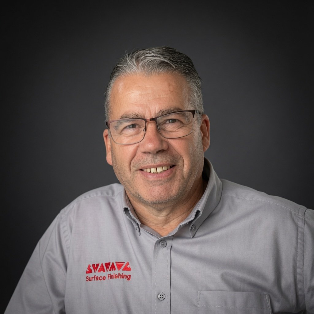 Professional portrait of Garry Edwards, Technical Sales Director at Sharmic, providing expert advice on vibratory surface finishing solutions.