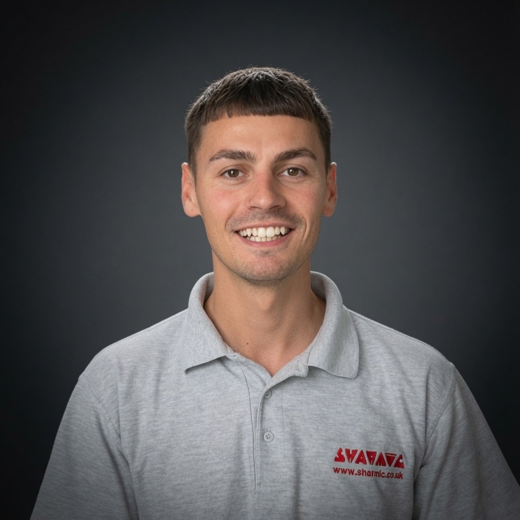 Professional portrait of Reece, Area Sales and Marketing Manager at Sharmic, supporting UK sales growth, marketing and customer engagement.