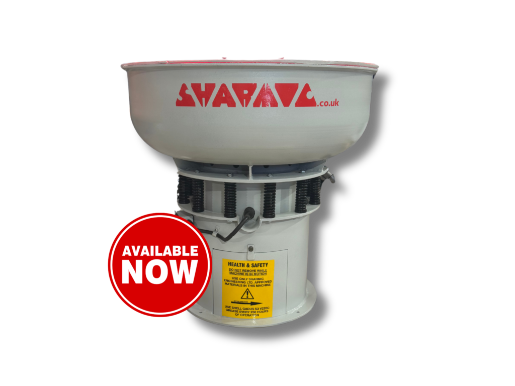Refurbished FM3 90 litre vibratory finishing machine with new polyurethane reline and repainted finish, available now from Sharmic.