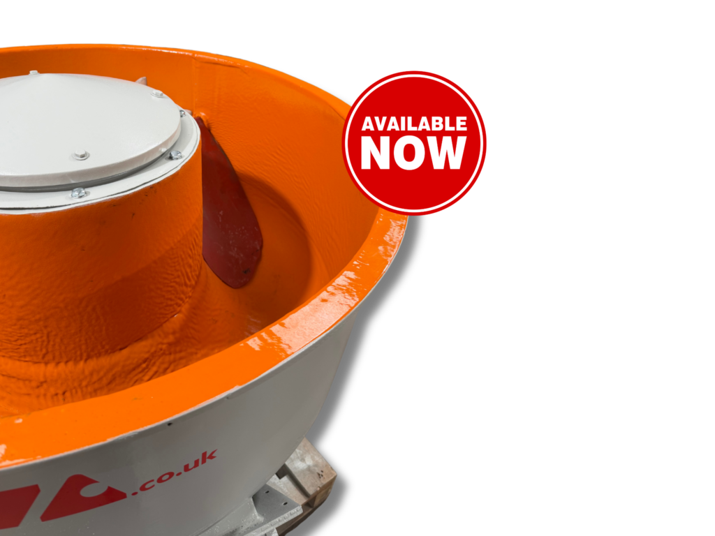 Top view of refurbished FM5DR vibratory finishing machine showing new orange spray polyurethane lining