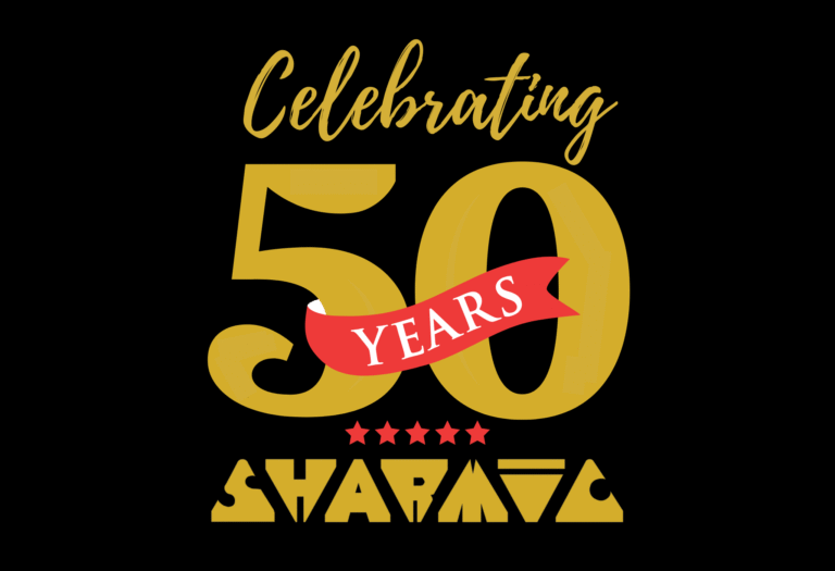 Sharmic celebrating 50 years logo with gold 50 and gold text, five red stars and Sharmic logo on a black background